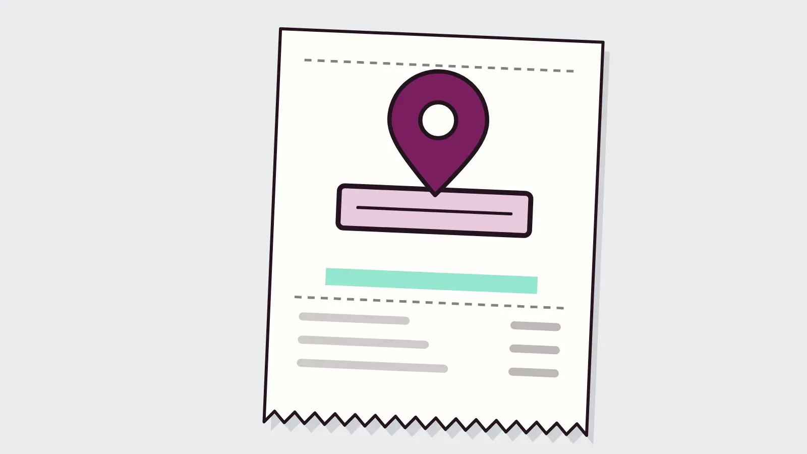 Illustration: a map pin above a road, printed on a receipt
